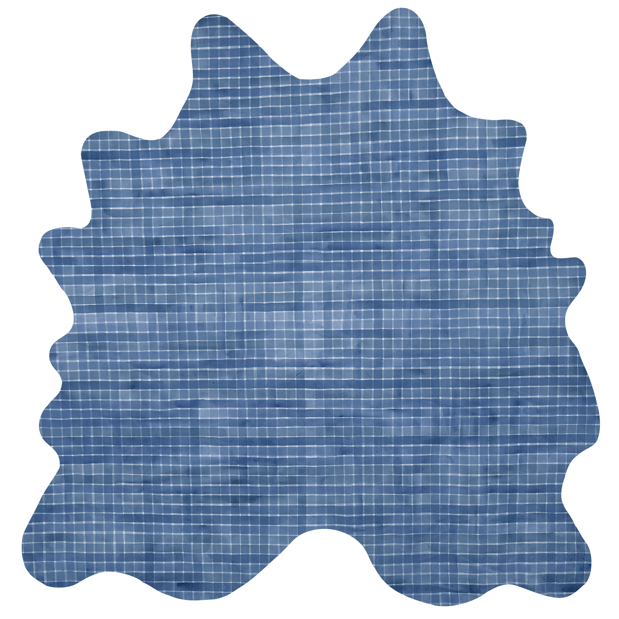 Detail of a cowhide rug in mottled blue with a plaid pattern.