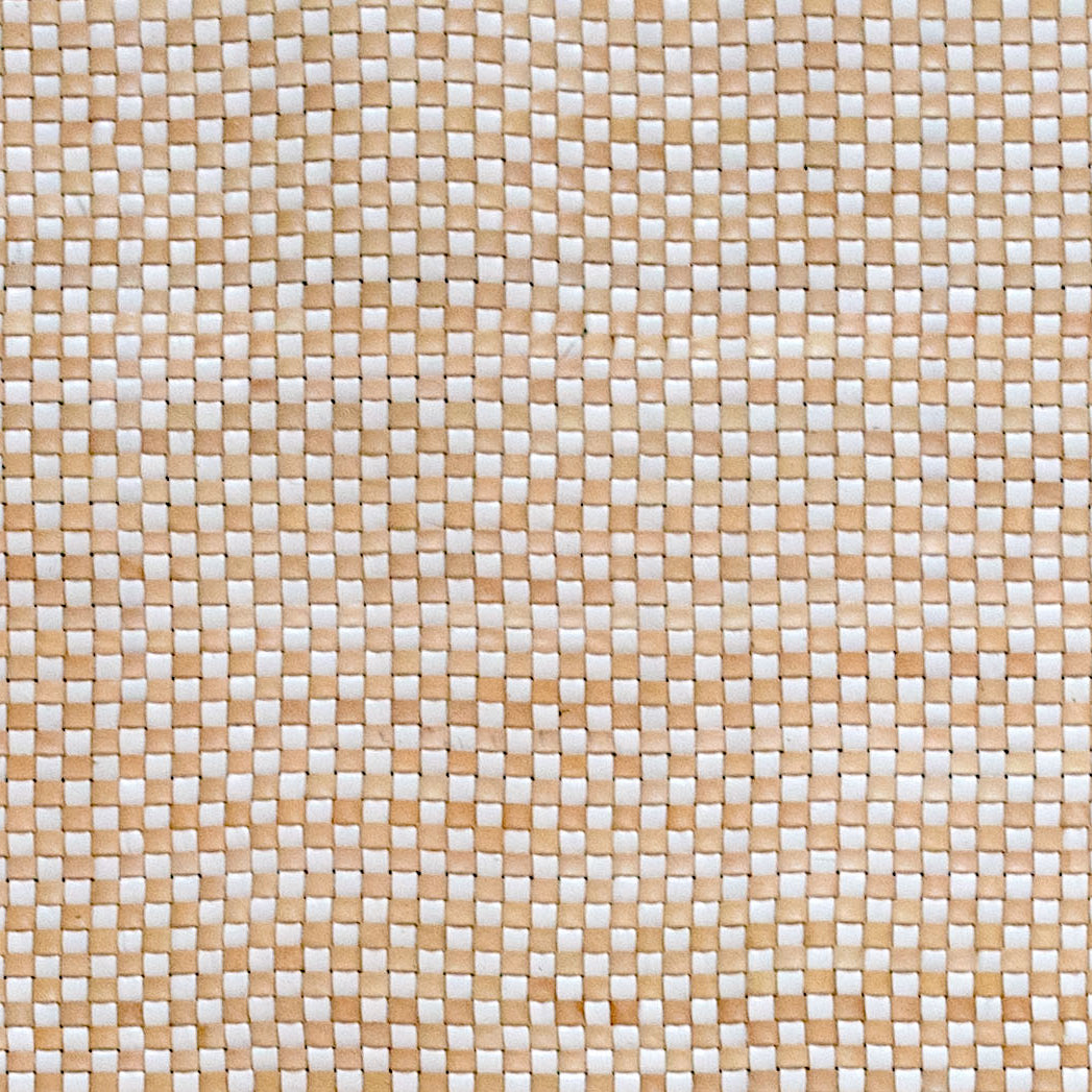 Detail of upholstery leather in a woven grid in tan and white.