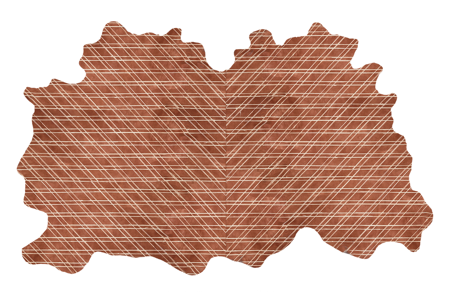 Detail of a large cowhide rug in brown with a white lattice overlay.