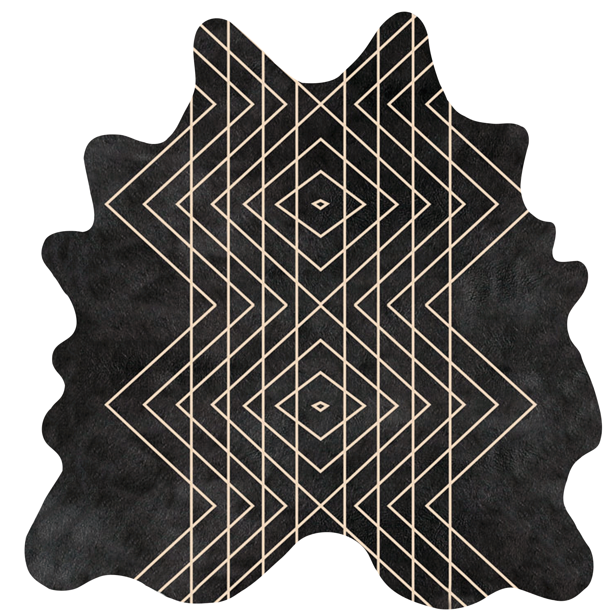 Detail of a cowhide rug in black with a tan geometric overlay.