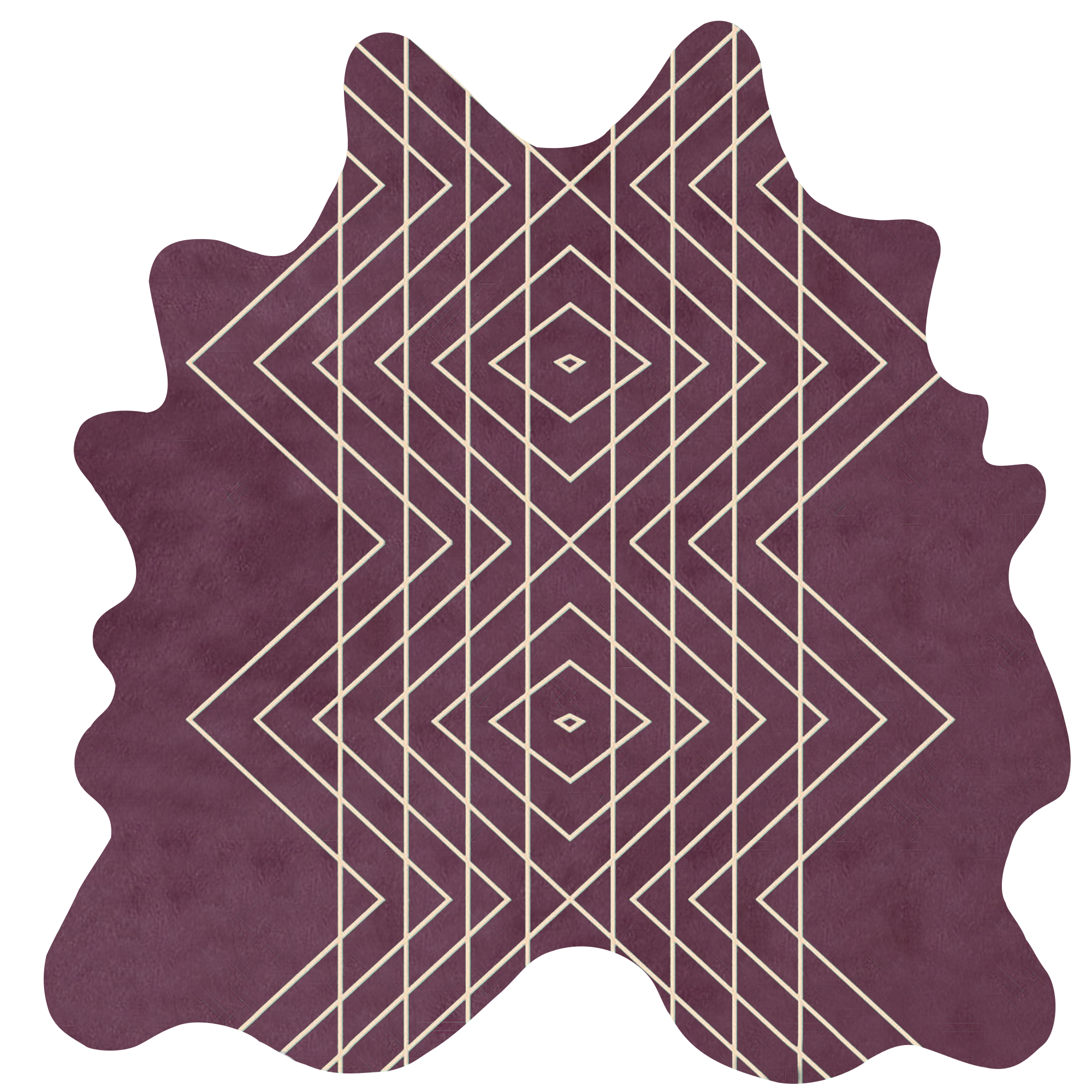 Detail of a cowhide rug in purple with a tan geometric overlay.