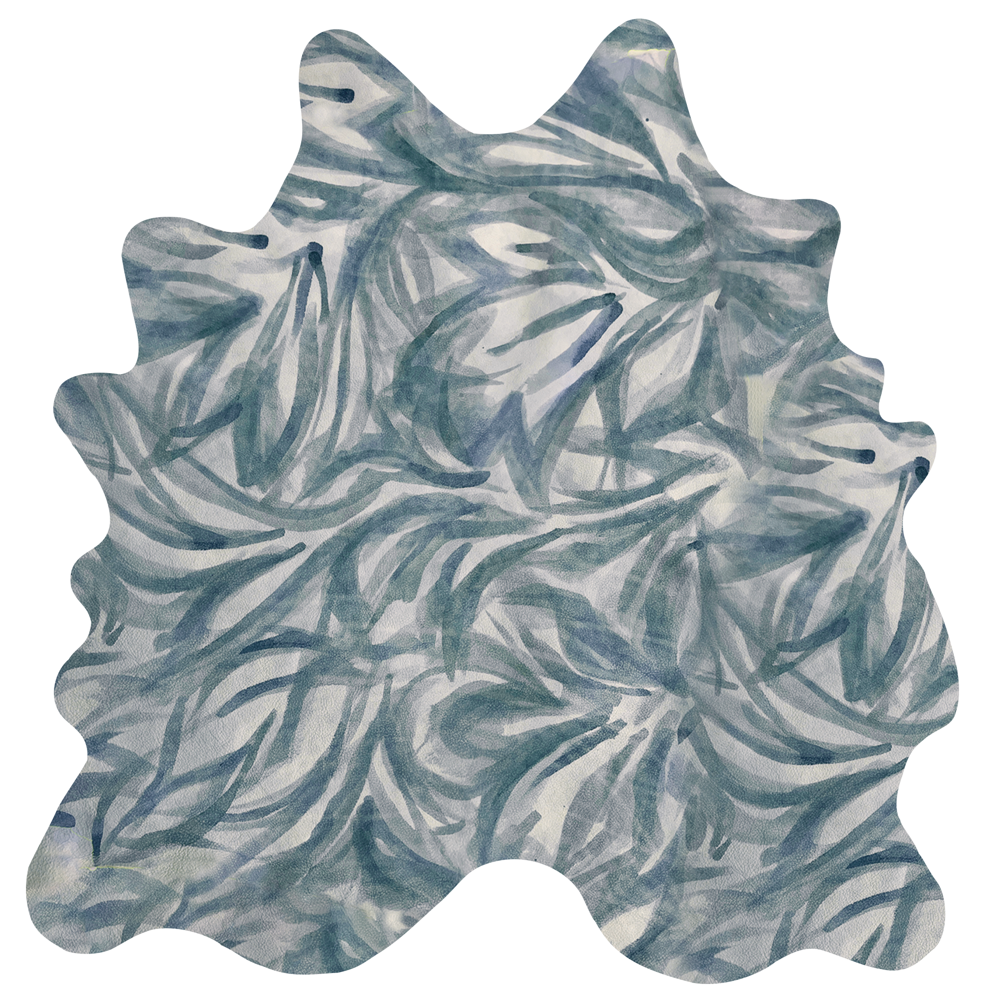 Detail of a cowhide rug in cream with a painterly botanical overlay in blue and gray.