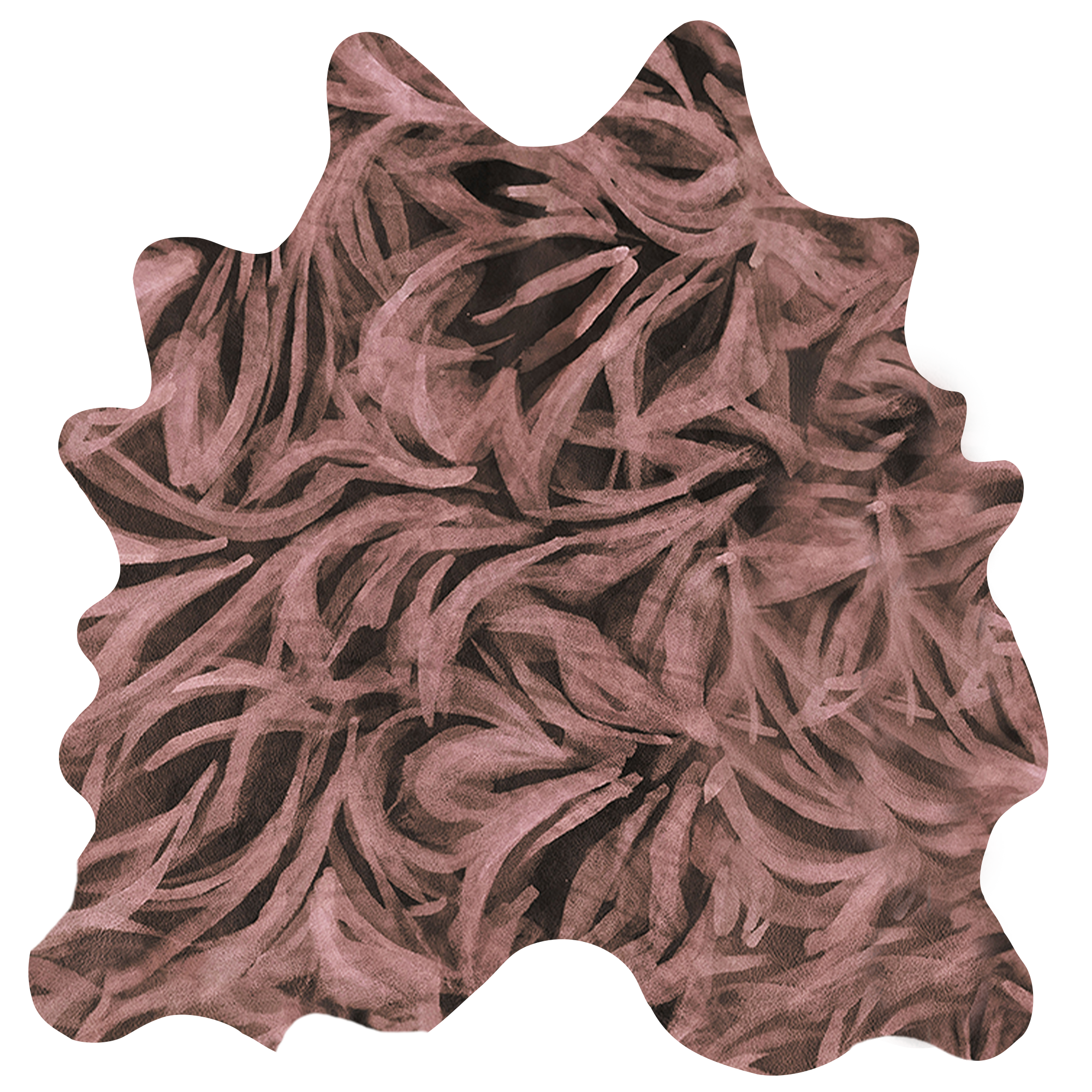 Detail of a cowhide rug in black with a painterly botanical overlay in pink.