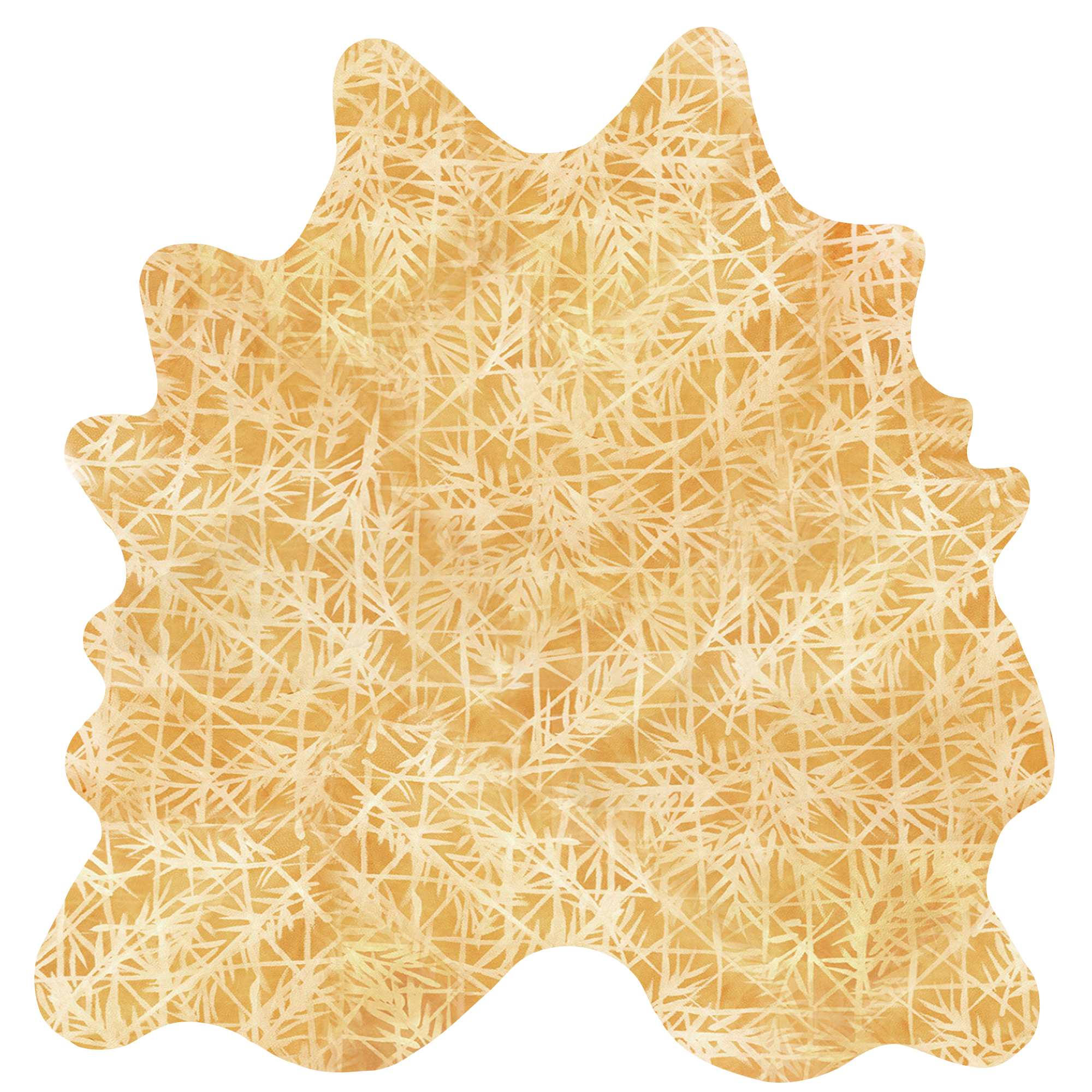 Detail of a cowhide rug in orange with a painterly botanical overlay in yellow.