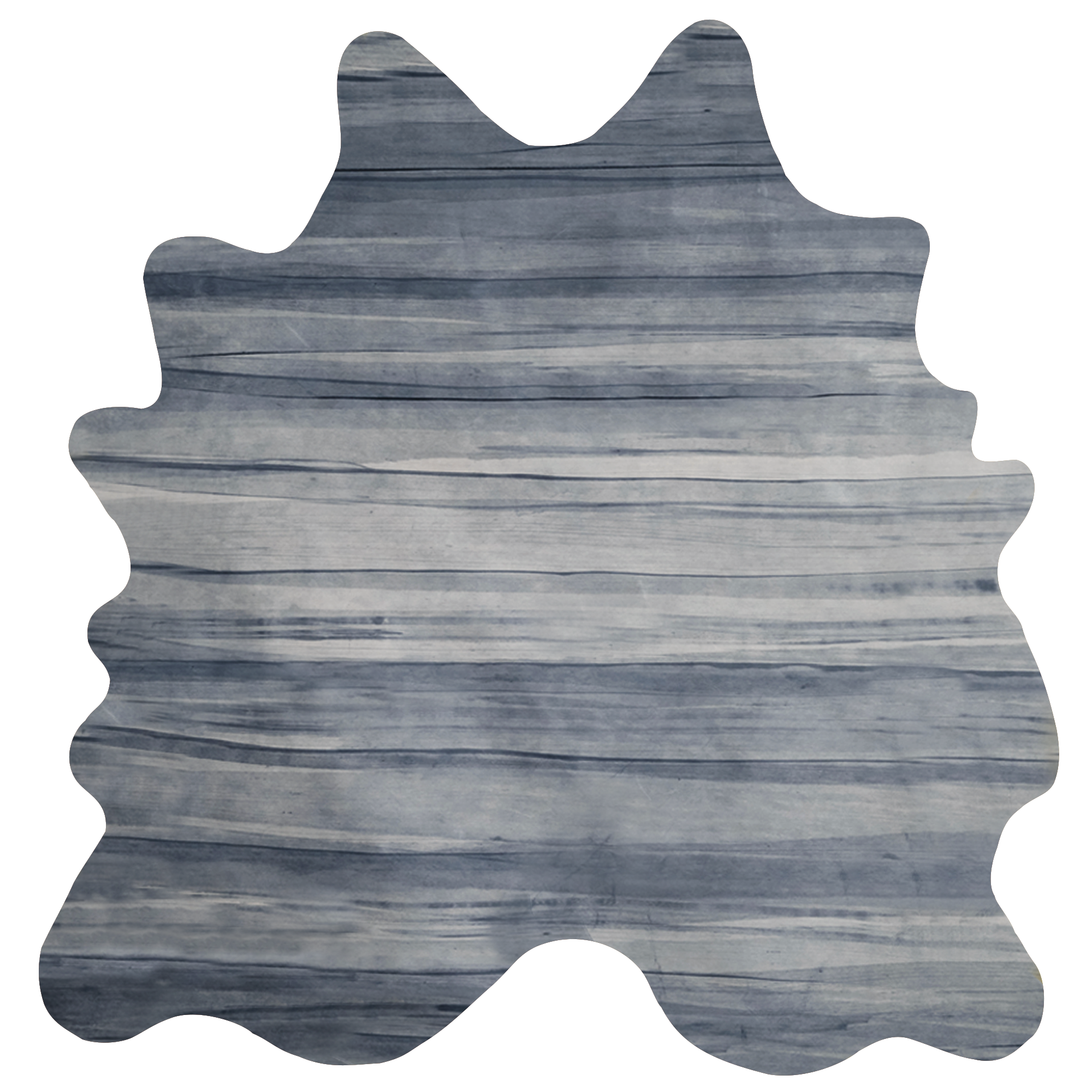 Detail of a cowhide rug in blue with an abstract stripe overlay in shades of navy and gray.