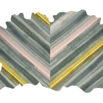 Detail of a large cowhide rug in gray with an abstract stripe overlay in shades of gray, pink and yellow.