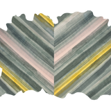 Detail of a large cowhide rug in gray with an abstract stripe overlay in shades of gray, pink and yellow.