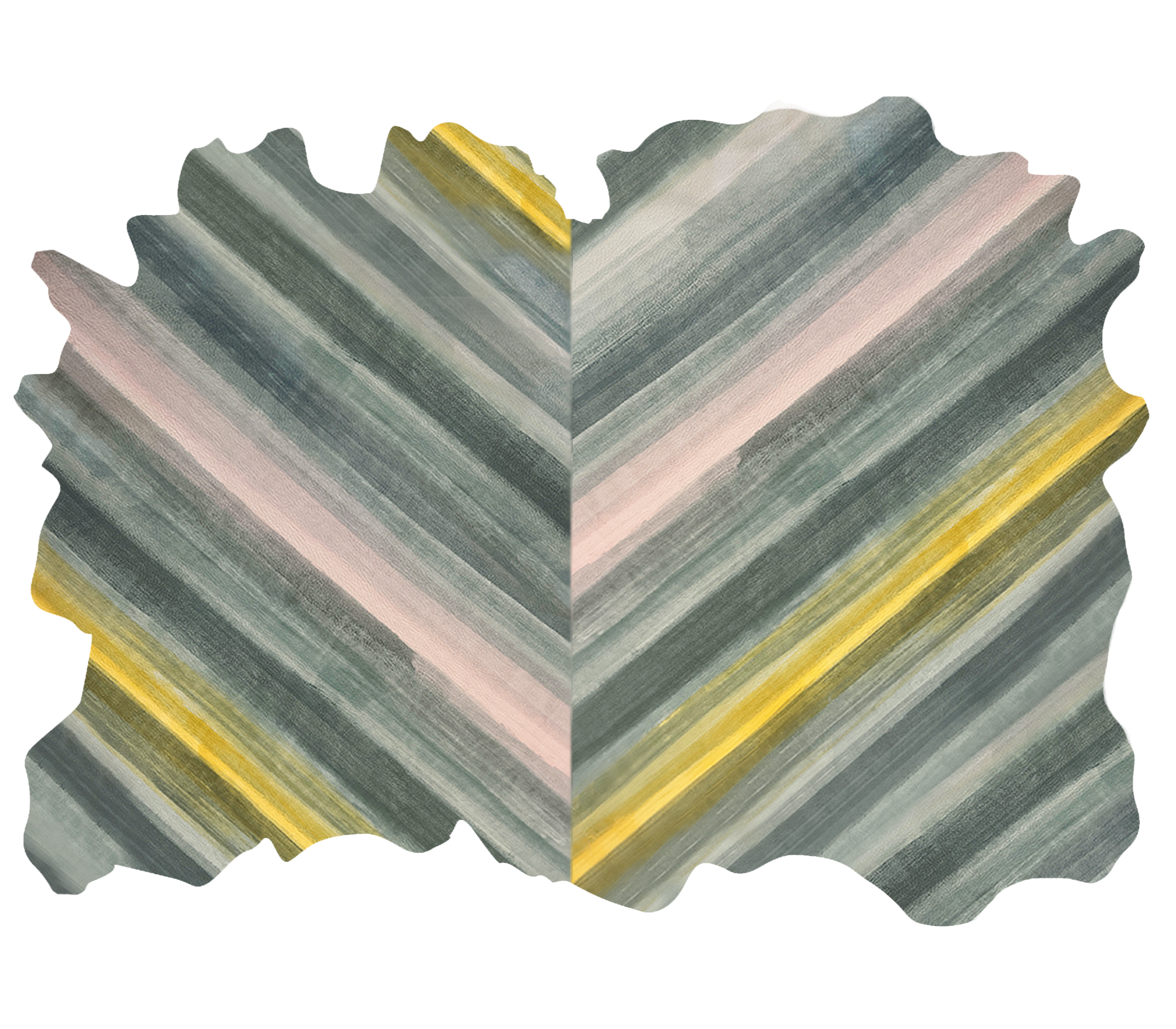 Detail of a large cowhide rug in gray with an abstract stripe overlay in shades of gray, pink and yellow.