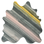 Detail of a cowhide rug in gray with an abstract stripe overlay in shades of gray, pink and yellow.