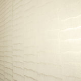 Wide-angle shot of wallpaper in an abstract textural pattern in cream and metallic.