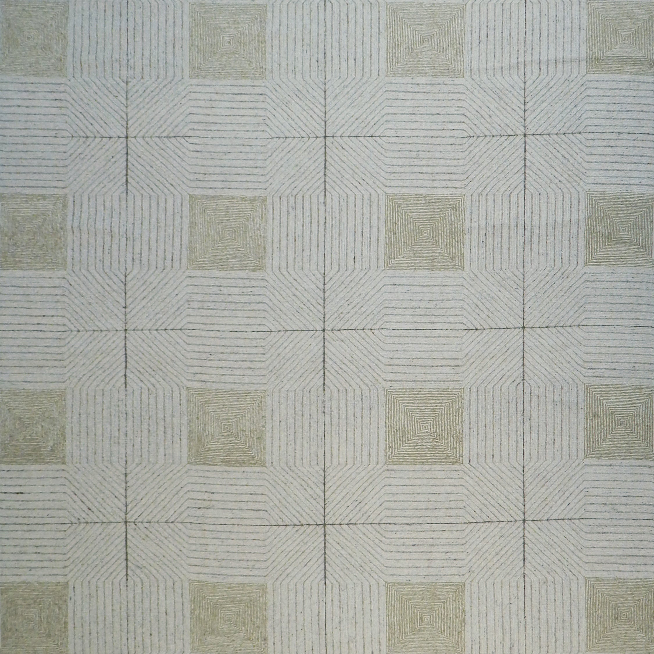 Patterned rug with geometric design on a gray background