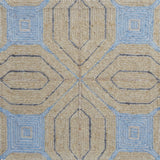 Close-up of a textured rug with geometric pattern in beige and blue