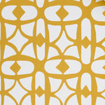 Close up of wallpaper with large scale playful geometric lattice pattern in yellow on a white background. 