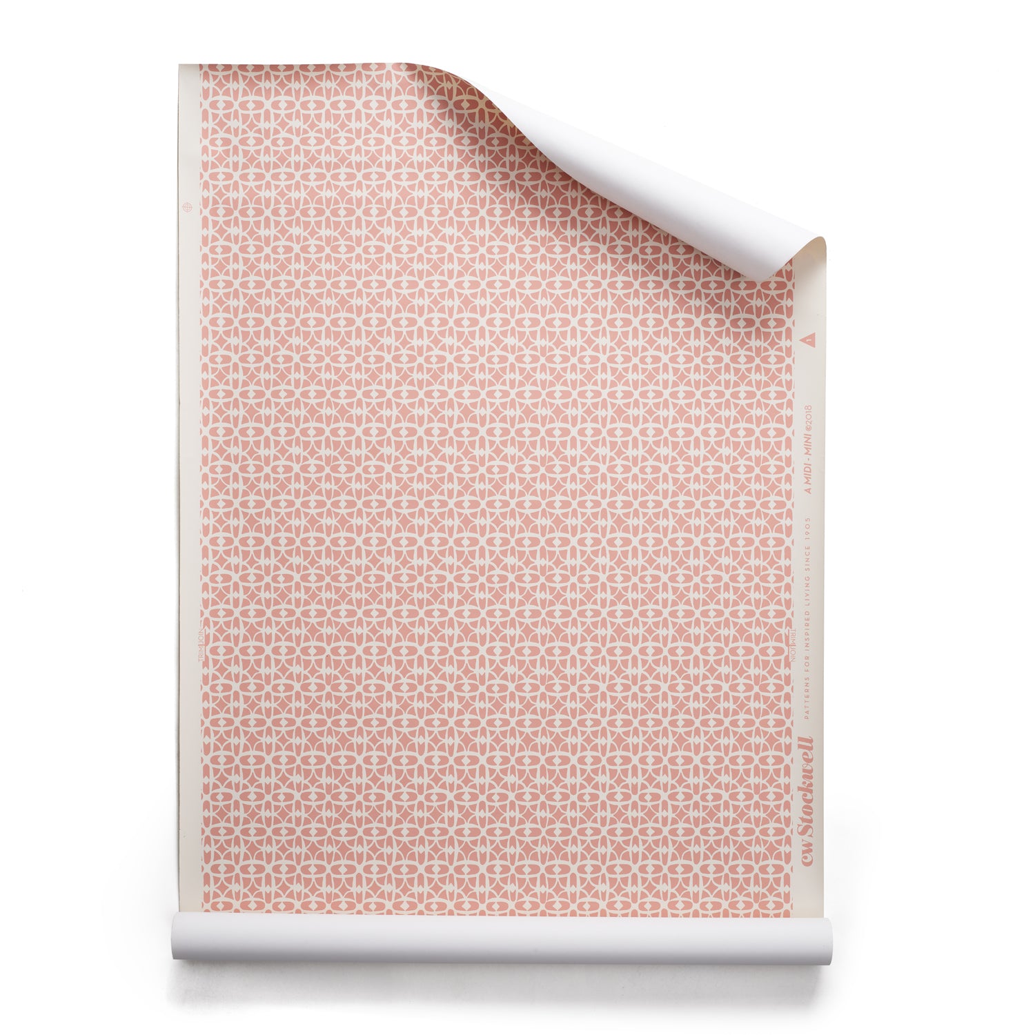 Roll of wallpaper with small scale playful geometric lattice pattern in pink and white on a white background.