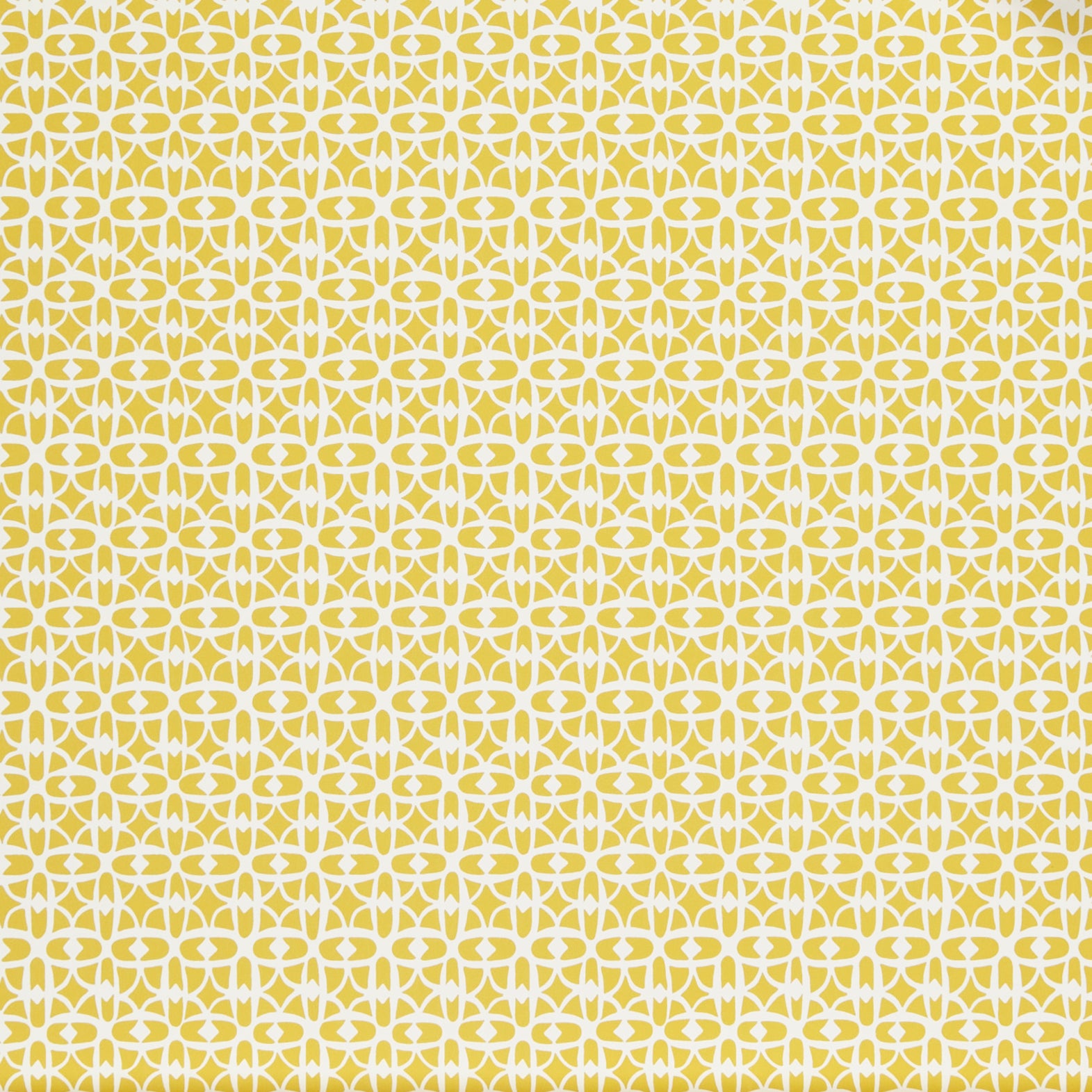 Close up of wallpaper with small scale playful geometric lattice pattern in yellow on a white background. 