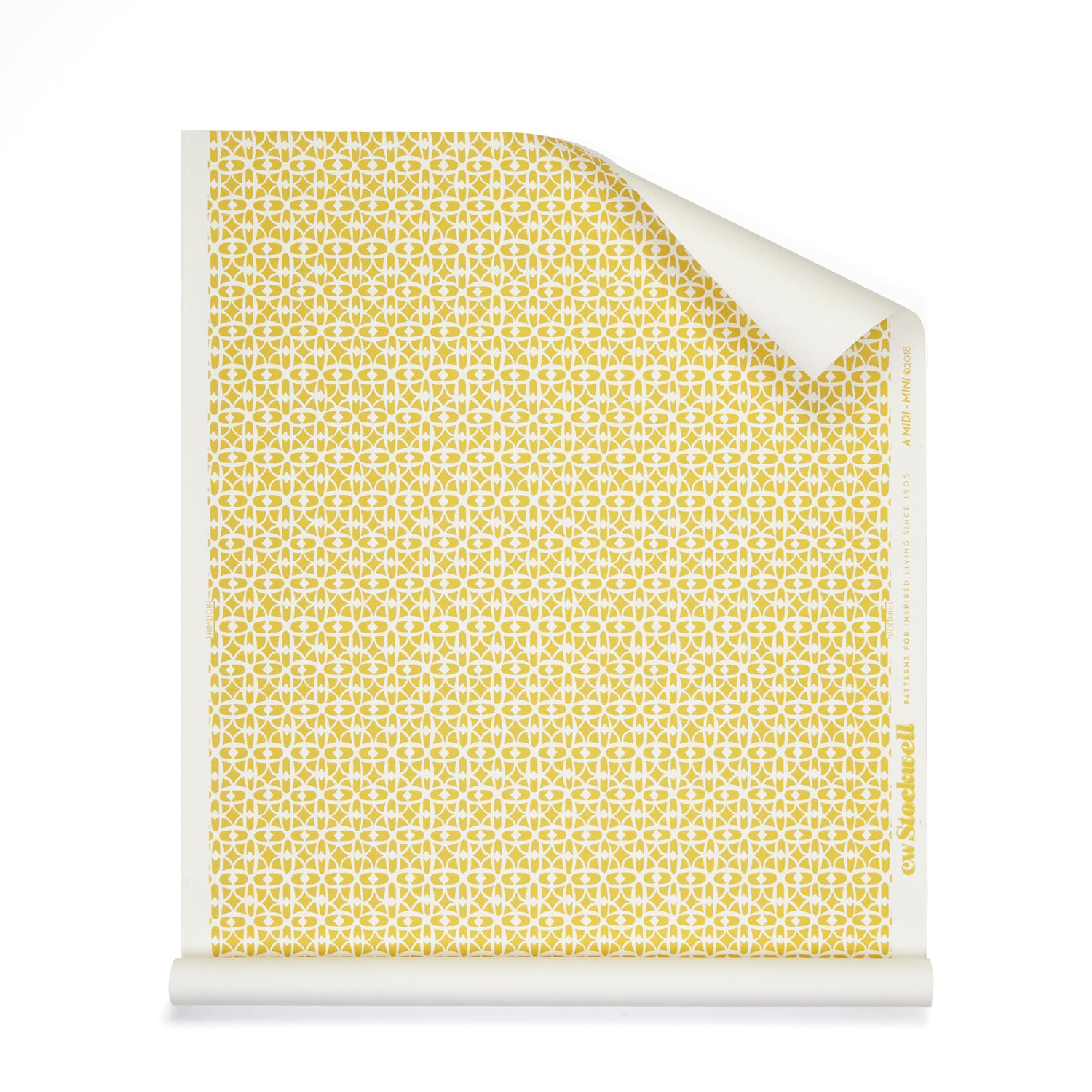 Roll of wallpaper with small scale playful geometric lattice pattern in yellow and white on a white background.