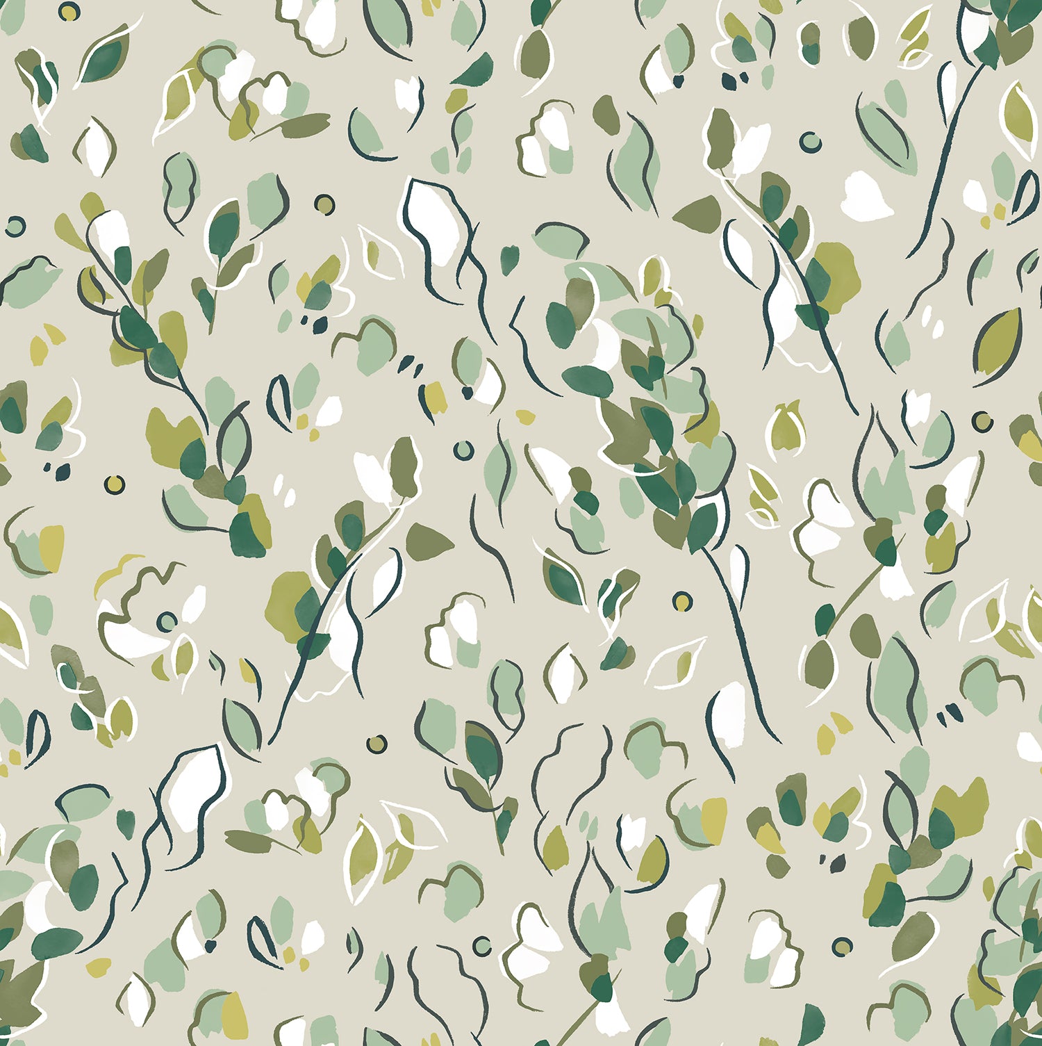 Detail of wallpaper in a painterly leaf print in shades of green and white on a tan field.