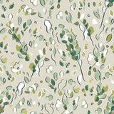 Detail of wallpaper in a painterly leaf print in shades of green and white on a tan field.