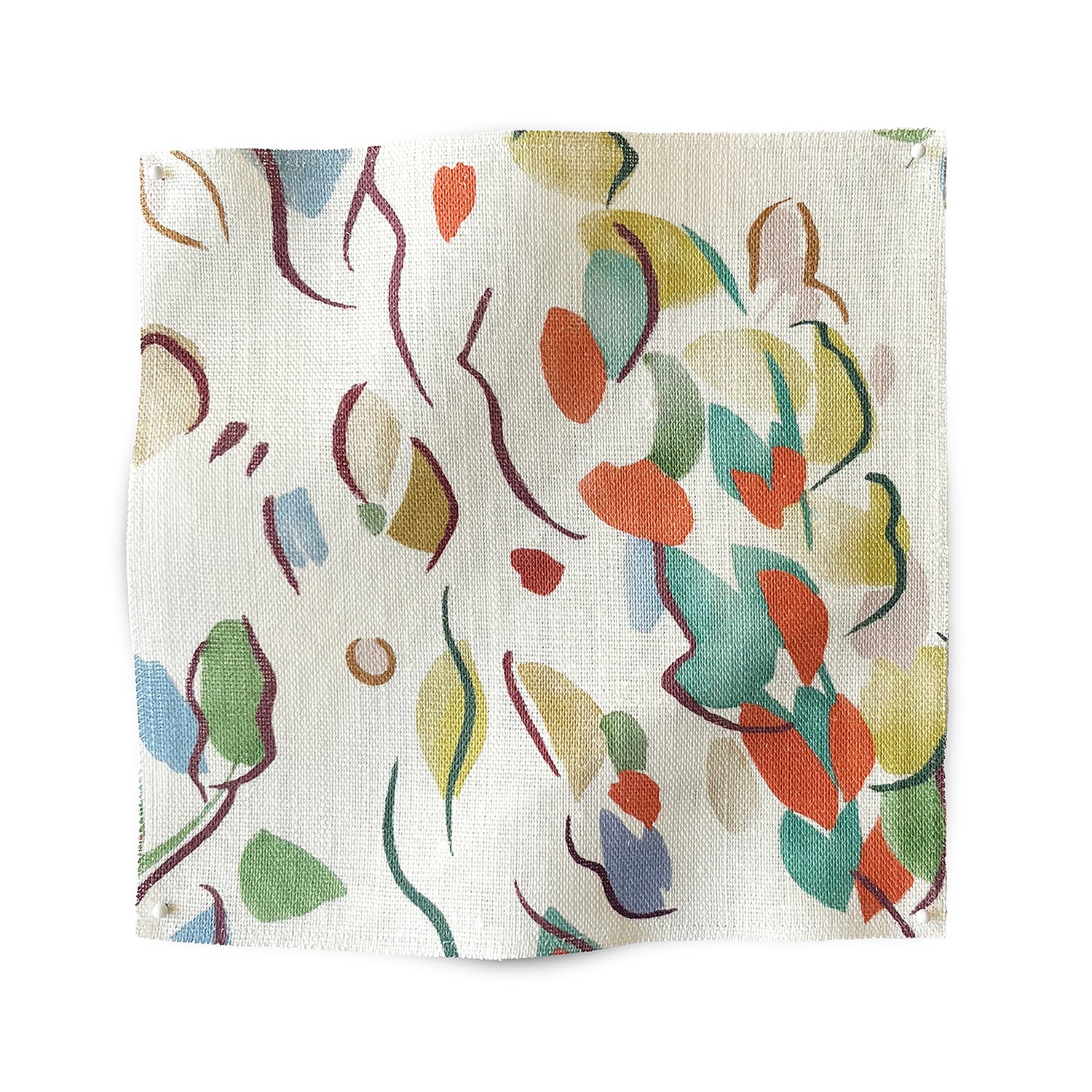 Square fabric swatch in a painterly leaf print in a rainbow of shades on a white field.