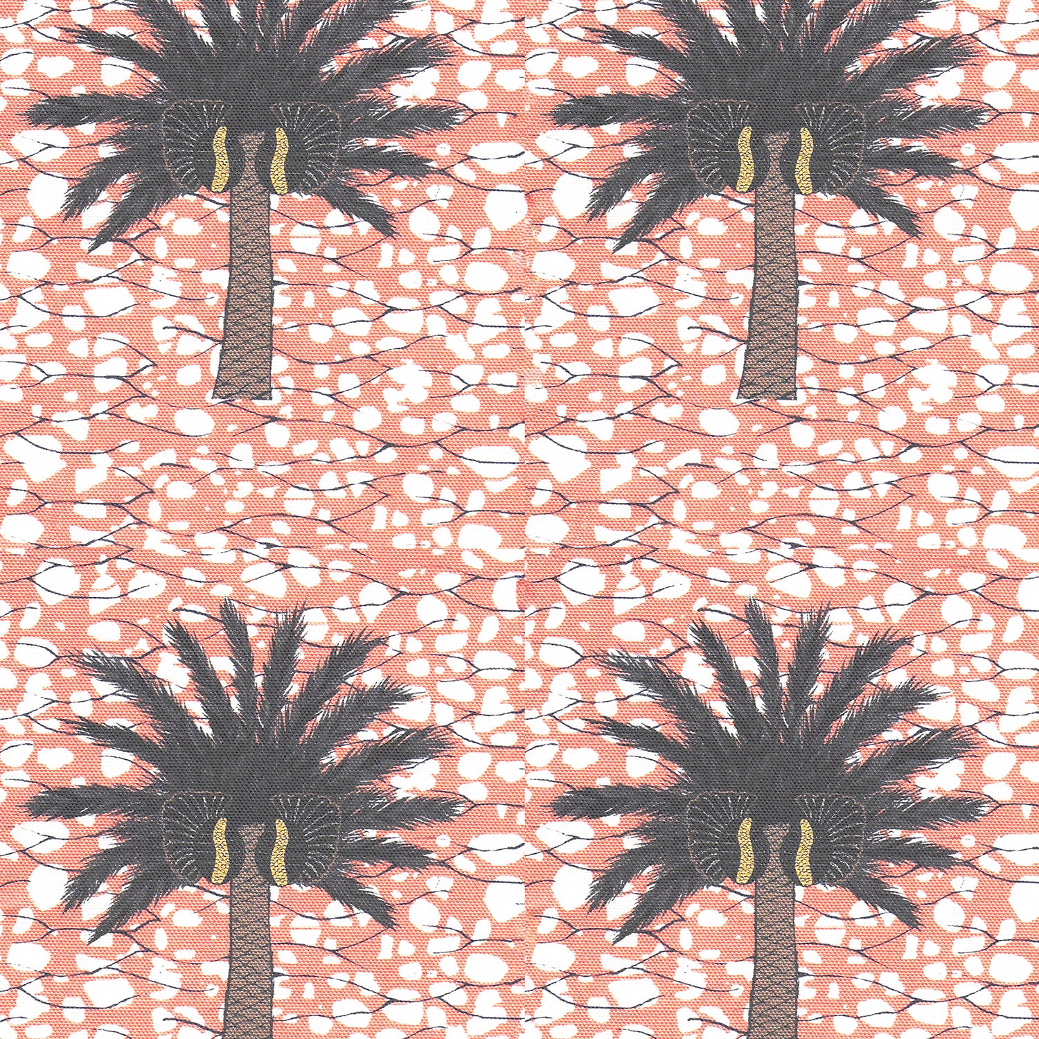 Detail of fabric in a repeating palm tree print on a mottled field in shades of brown, gray, pink and white.