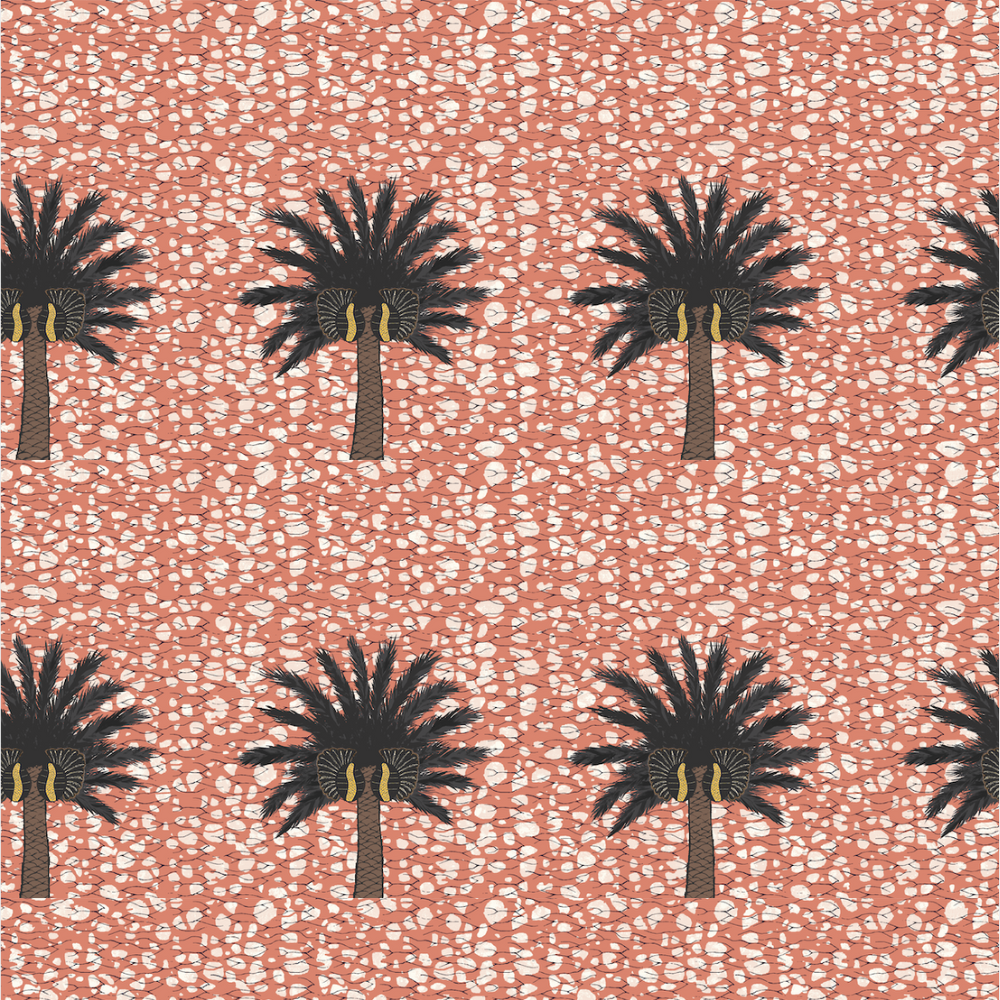 Detail of wallpaper in a repeating palm tree print on a mottled white and coral field.