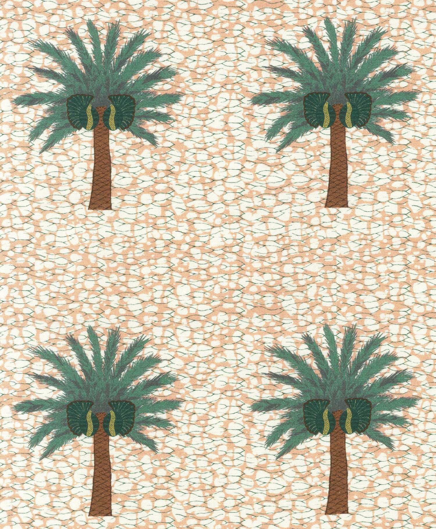 Detail of fabric in a repeating palm tree print on a mottled field in shades of brown, green, light orange and white.