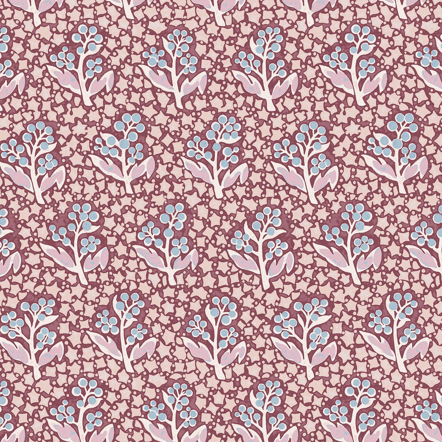 Wallpaper with blue and pink floral design on a pink background