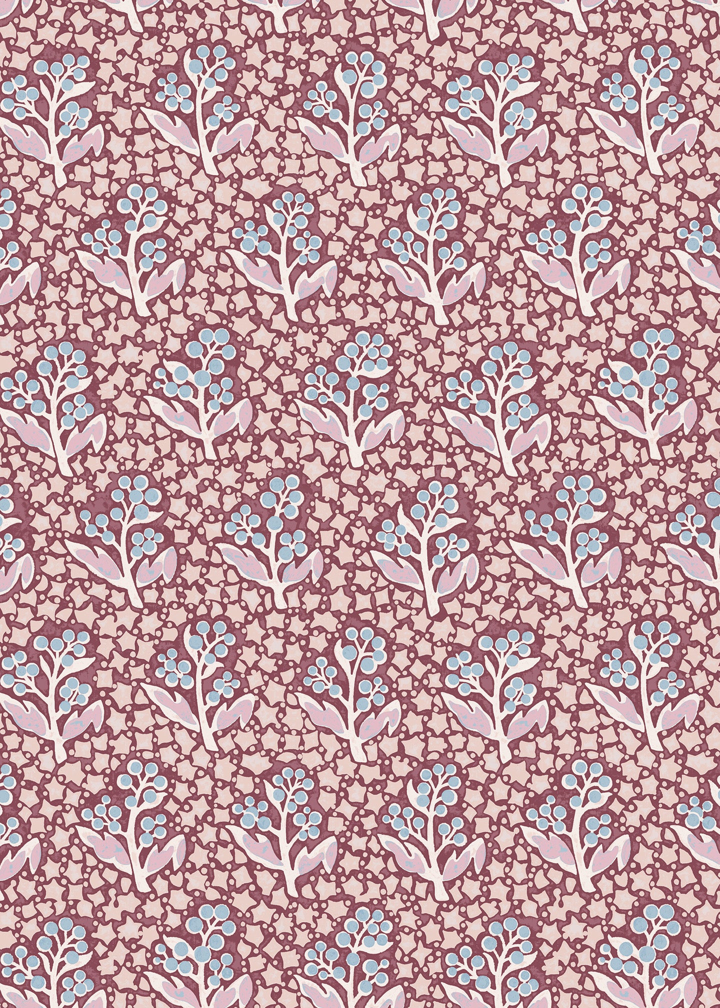 Wallpaper with blue and pink floral design on a pink background