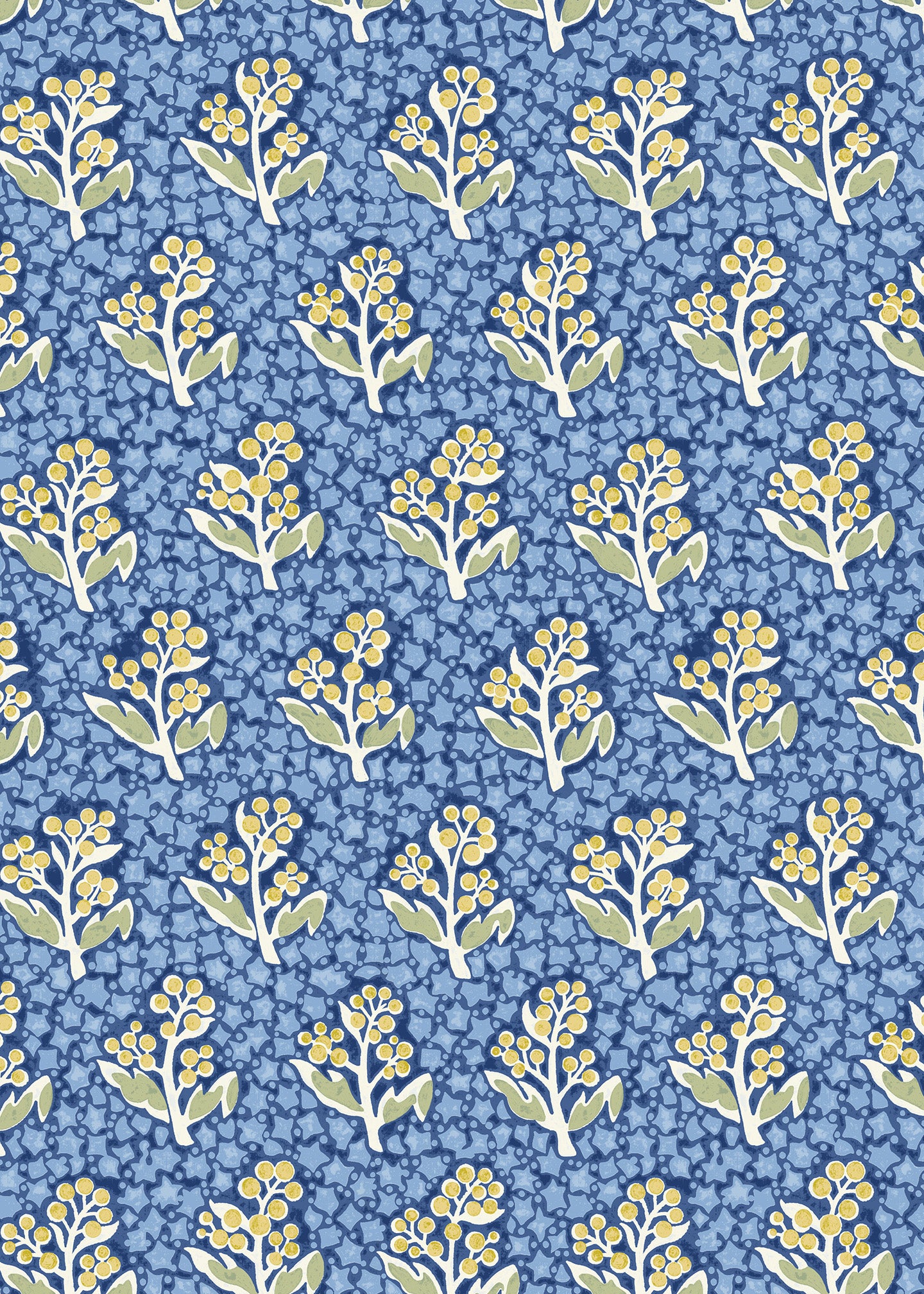 Wallpaper in a floral pattern with yellow flowers on a blue background