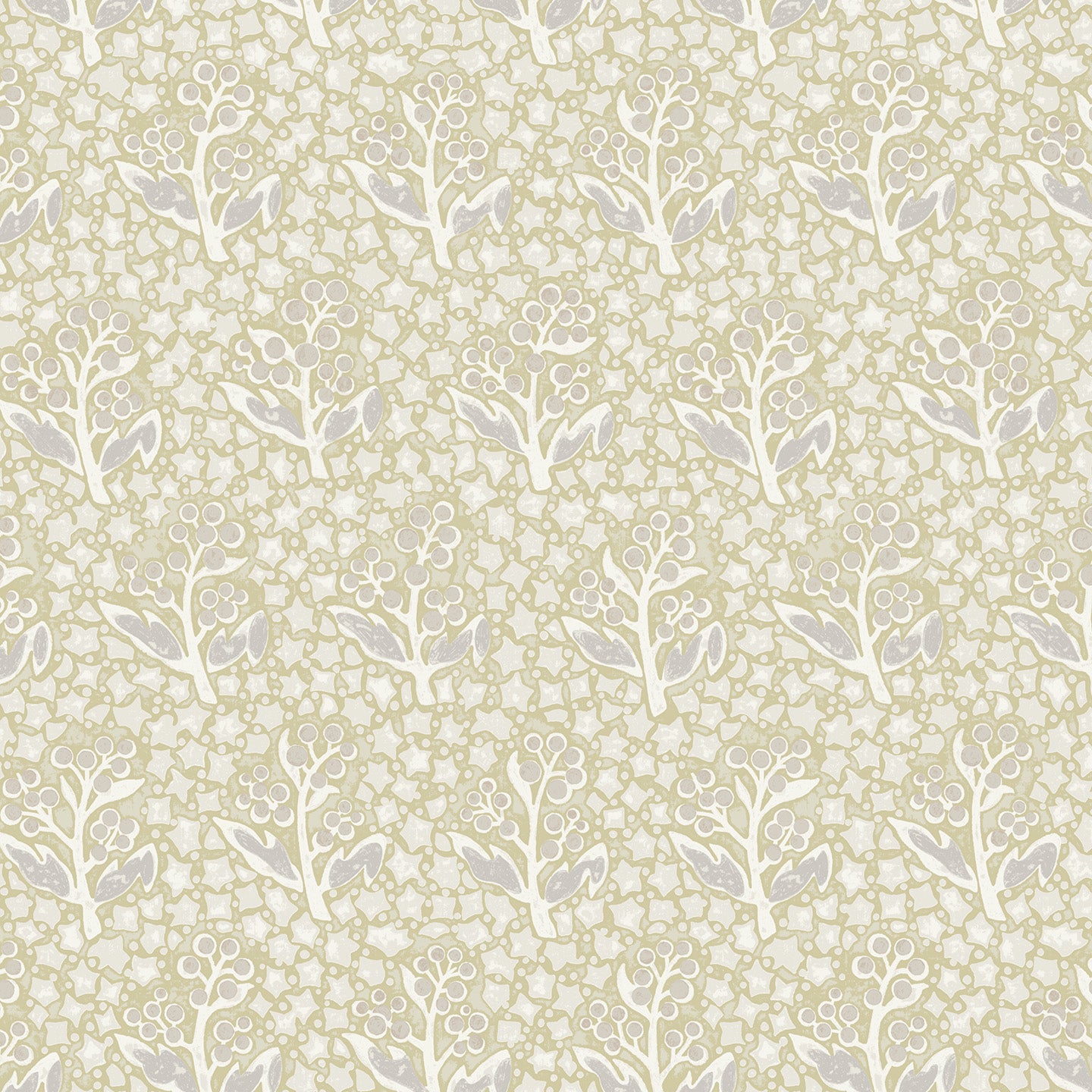 Patterned wallpaper with white flowers and leaves on a beige background