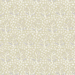 Patterned wallpaper with white flowers and leaves on a beige background