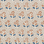 Wallpaper with blue and orange floral design on a beige background