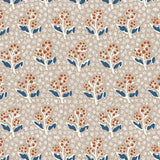 Wallpaper with blue and orange floral design on a beige background