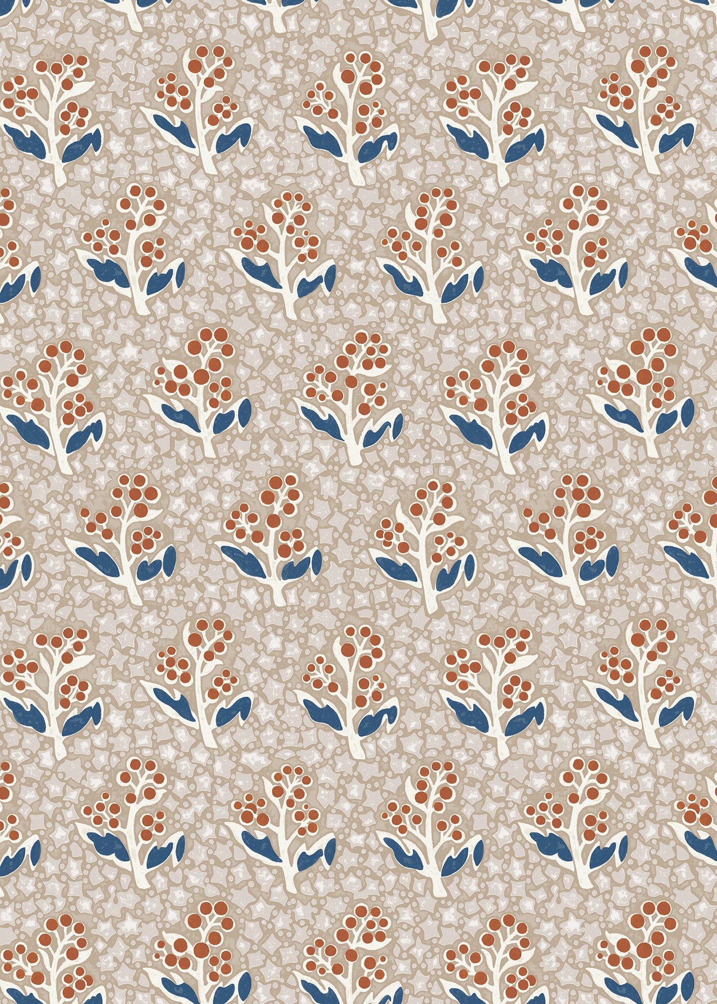 Wallpaper with blue and orange floral design on a beige background