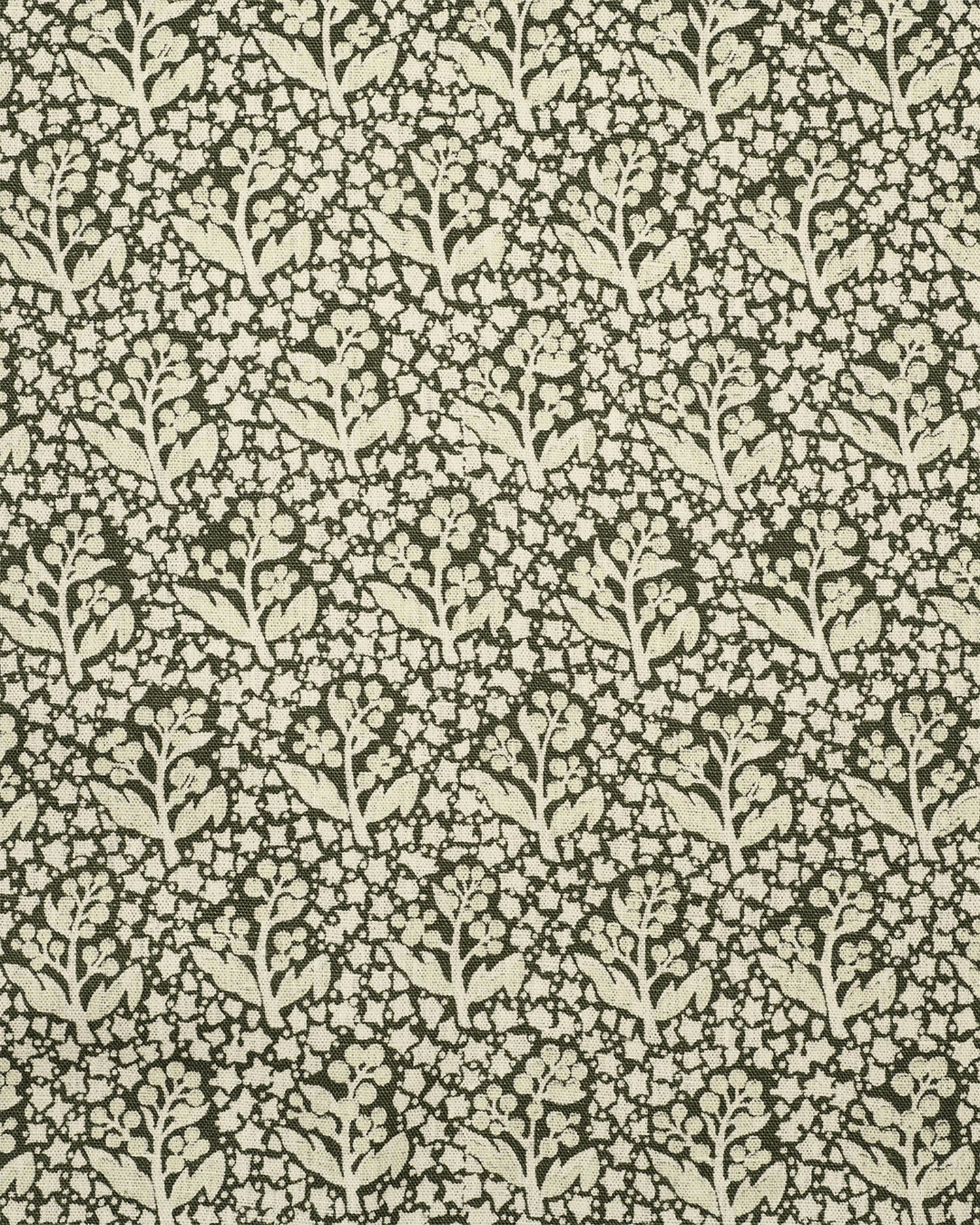 Patterned fabric with flowers leaves in cream on a olive green background