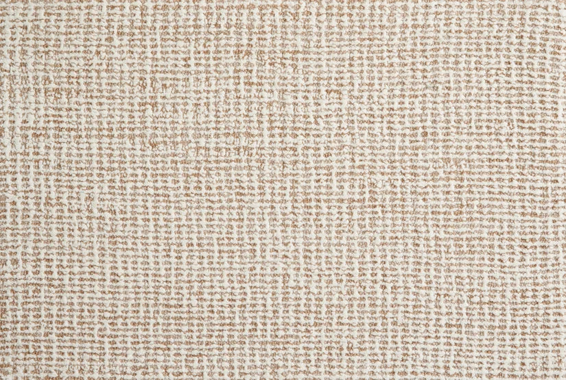 Broadloom carpet swatch, in a textured tan and white design.