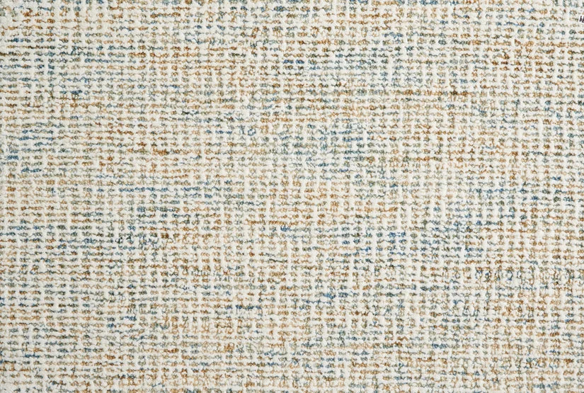 Broadloom carpet swatch, in a textured tan, blue and white design.