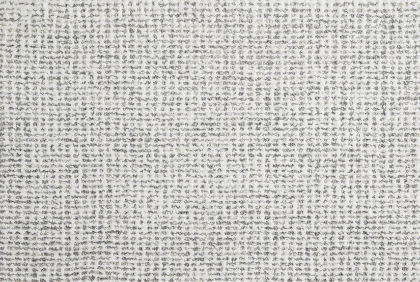 Broadloom carpet swatch, in a textured grey and white design.