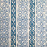 Detail of fabric in a geometric stripe print in blue and navy on a mottled tan field.