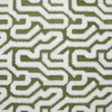 Detail of fabric in a playful meandering print in white on an olive field.