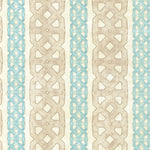 Detail of fabric in a geometric stripe print in blue and tan on a mottled cream field.