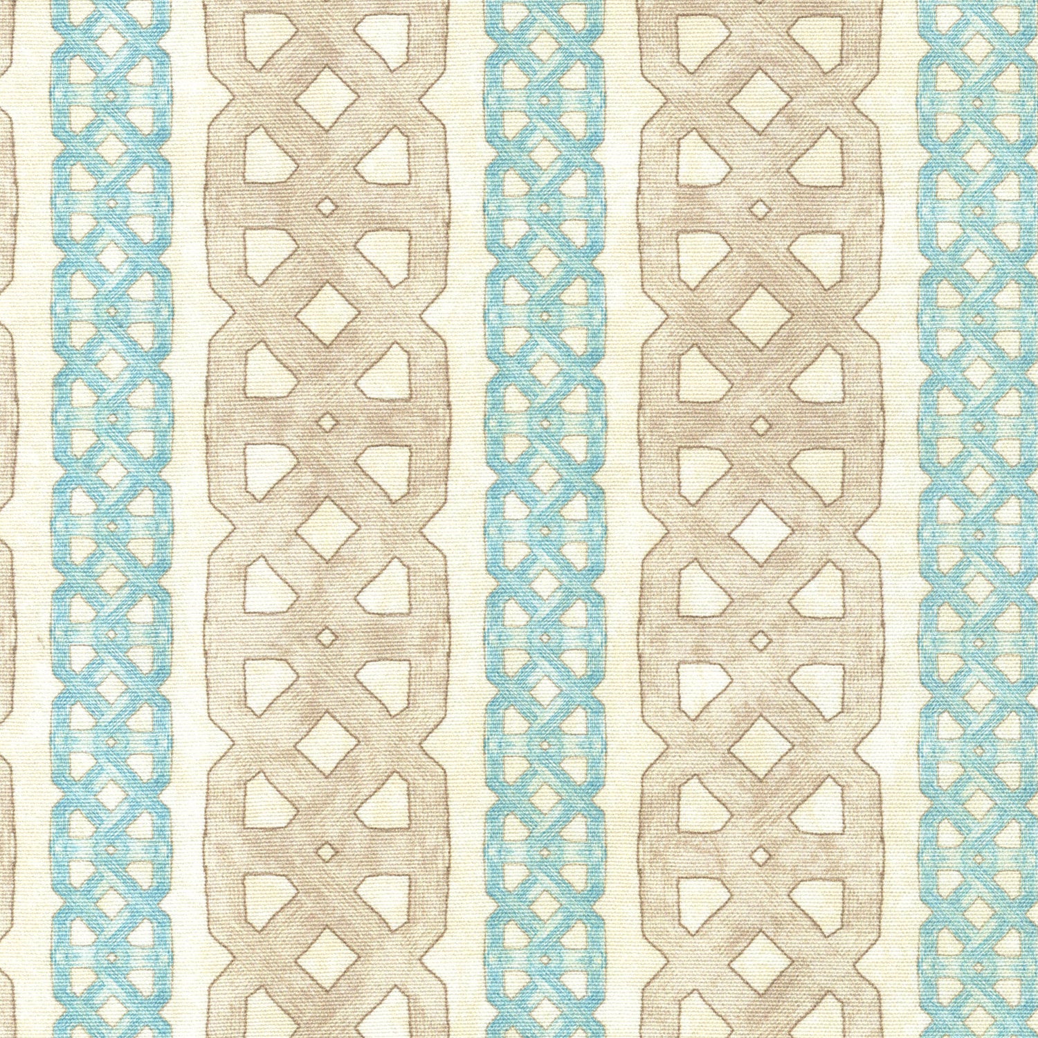 Detail of fabric in a geometric stripe print in blue and tan on a mottled cream field.