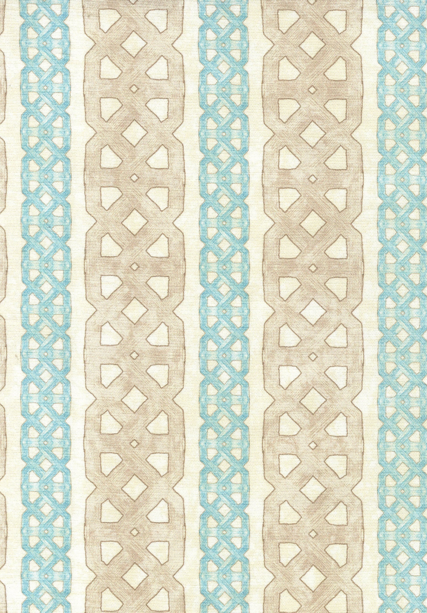 Detail of fabric in a geometric stripe print in blue and tan on a mottled cream field.