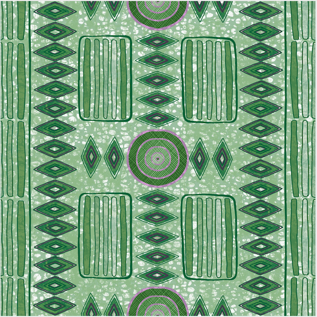 Detail of wallpaper in a playful geometric stripe print in shades of green with purple accents.