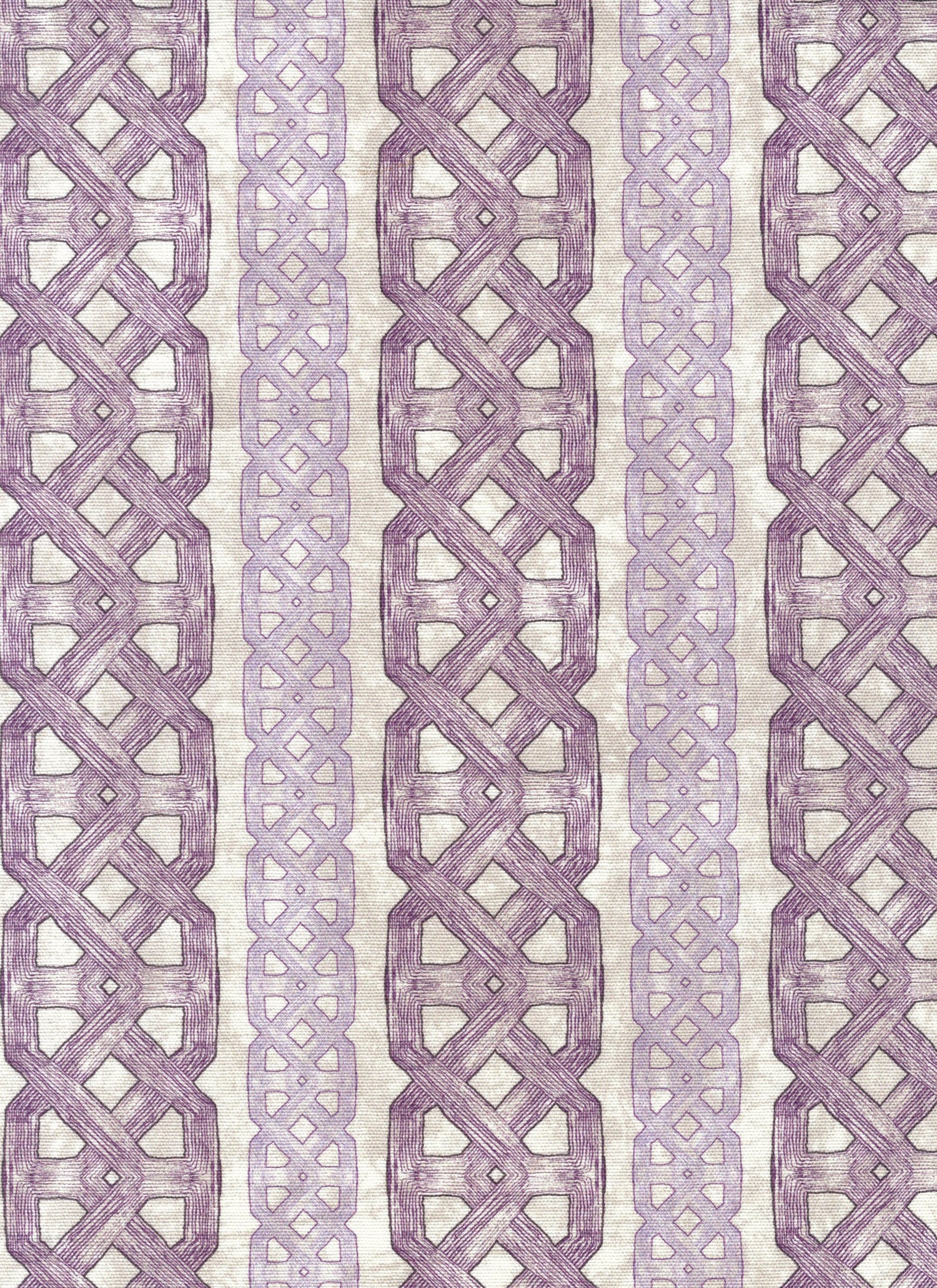 Detail of fabric in a geometric stripe print in shades of purple on a mottled tan field.