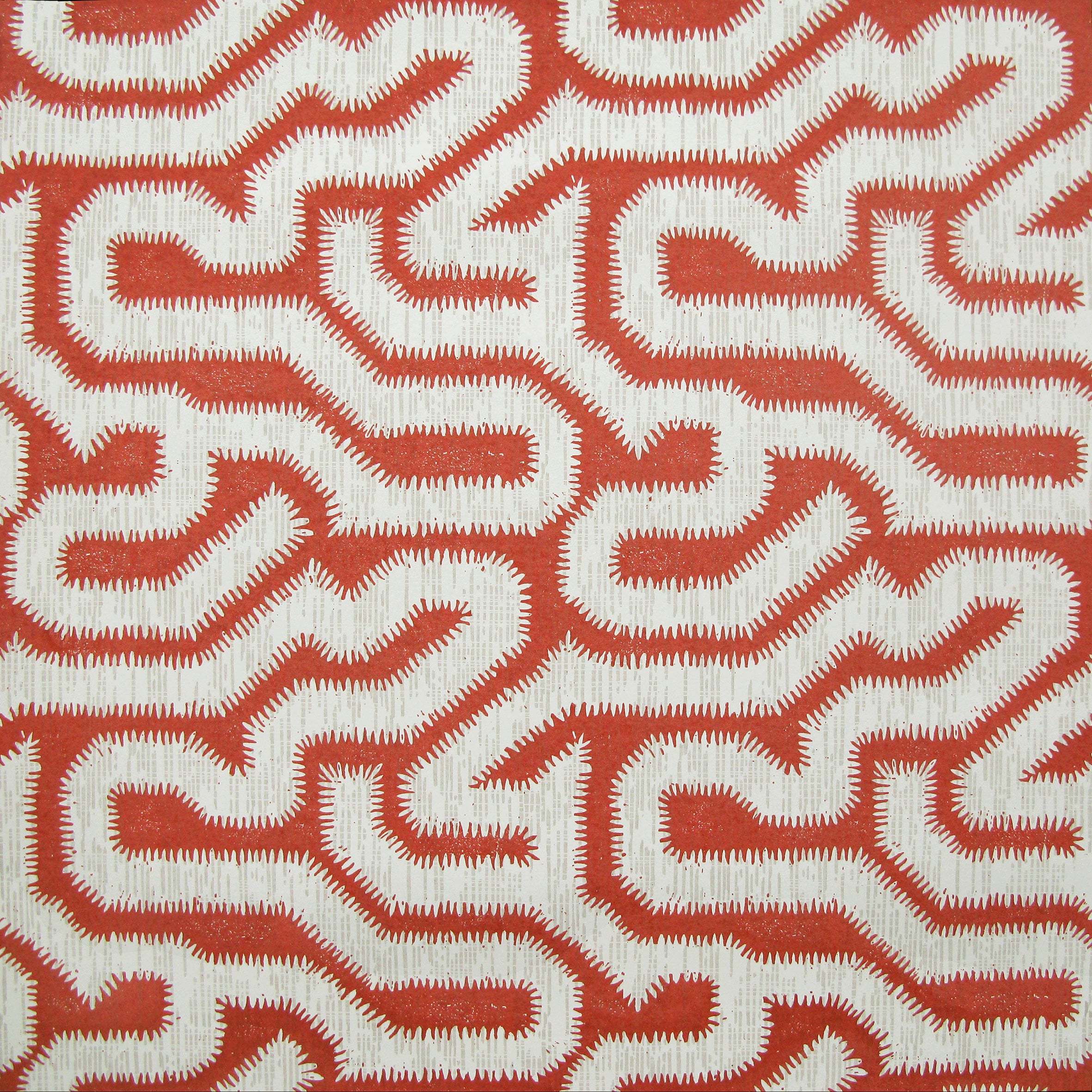 Detail of wallpaper in a playful meandering print in cream on a red field.