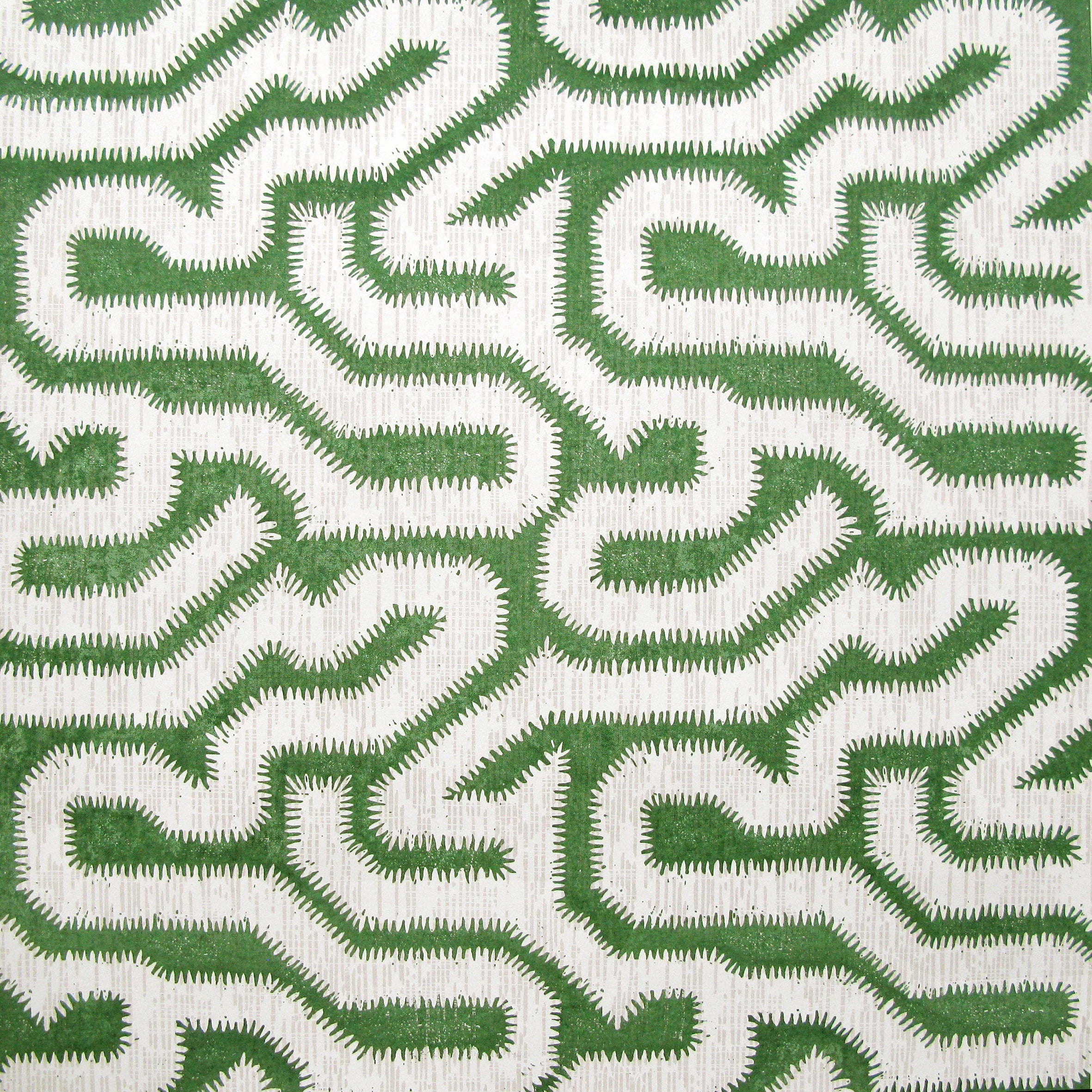 Detail of wallpaper in a playful meandering print in white on a green field.