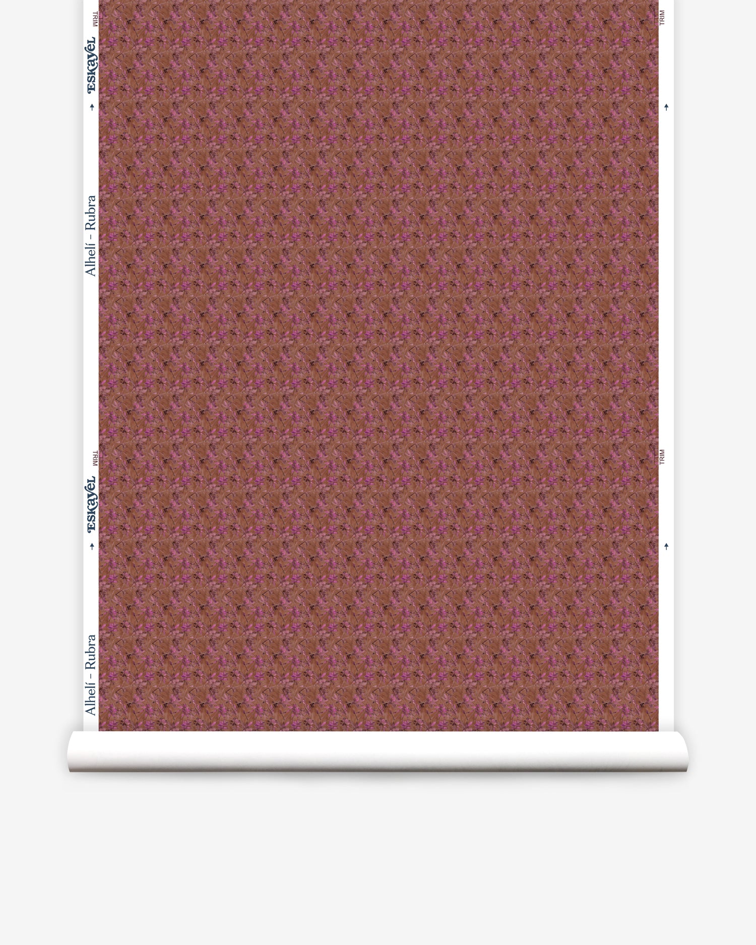 Wallpaper roll with small scale watercolor floral in purple and brown.