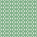 Detail of wallpaper in an intricate lattice print in green on a cream field.