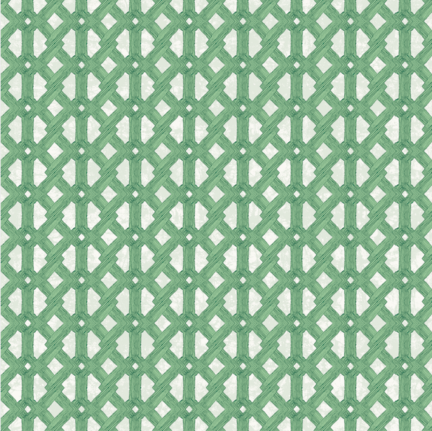 Detail of wallpaper in an intricate lattice print in green on a cream field.